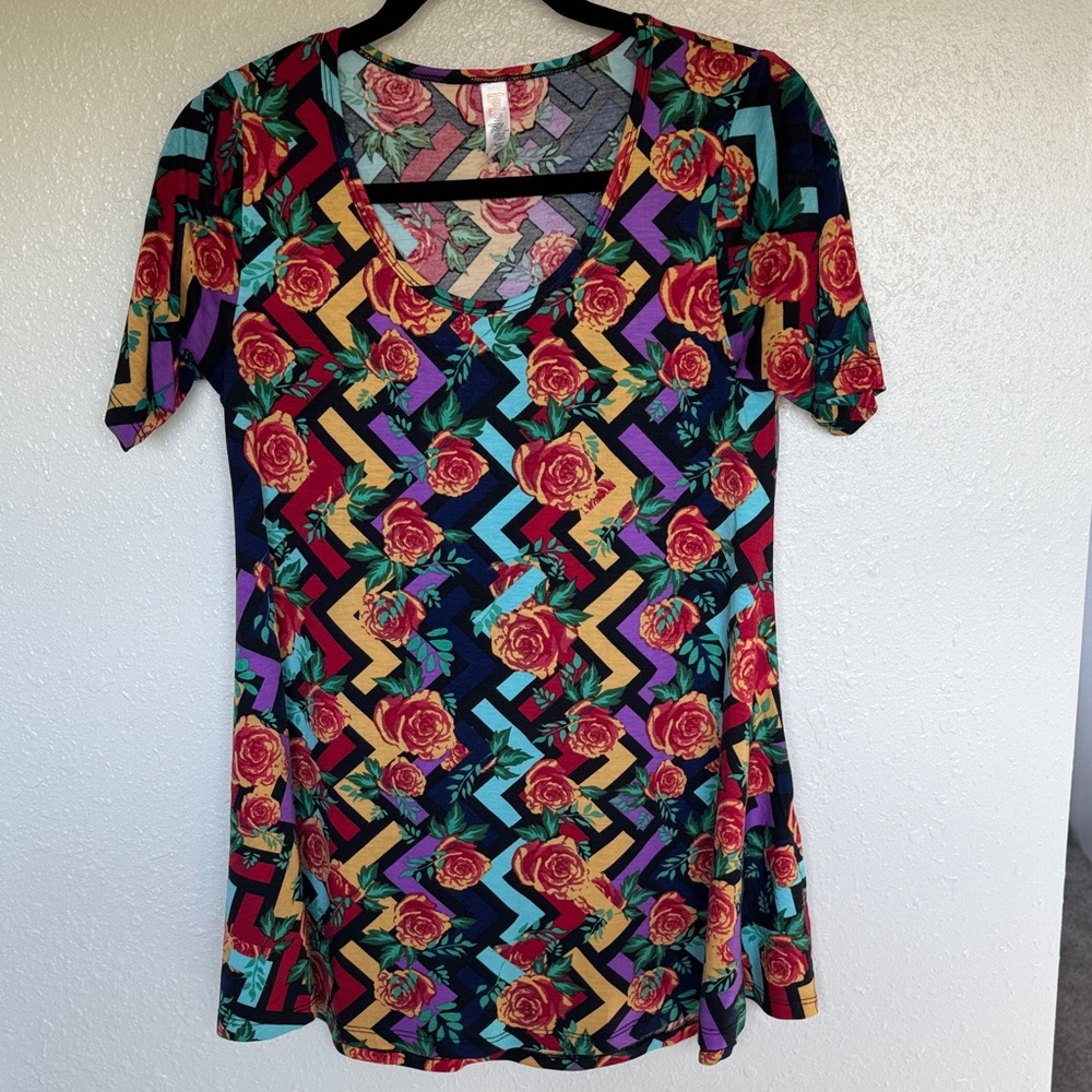LuLaRoe Multicolor Floral Geometric Short Sleeve Top
